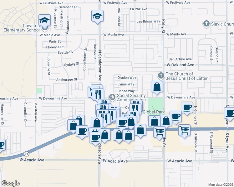 map of restaurants, bars, coffee shops, grocery stores, and more near 3103 Janae Way in Hemet