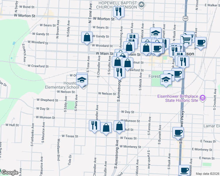 map of restaurants, bars, coffee shops, grocery stores, and more near 508 South Scullin Avenue in Denison