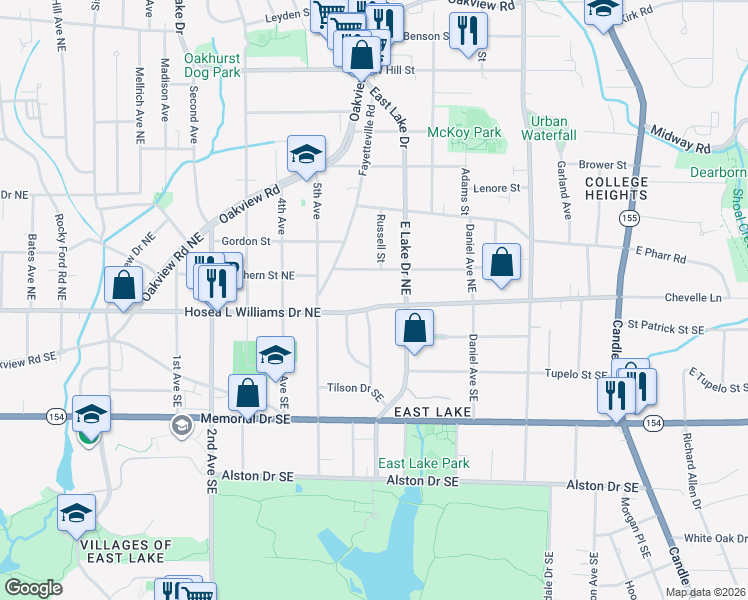 map of restaurants, bars, coffee shops, grocery stores, and more near 2572 Hosea L Williams Drive Northeast in Atlanta