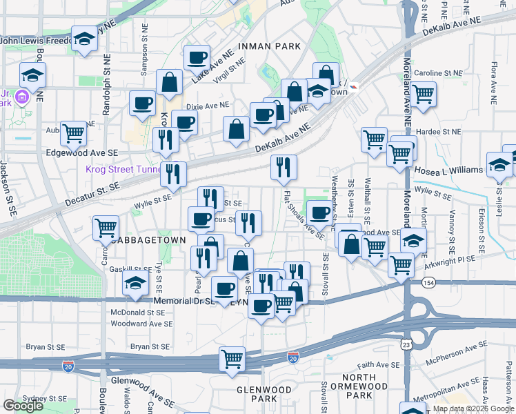 map of restaurants, bars, coffee shops, grocery stores, and more near 87 Selman Street Southeast in Atlanta