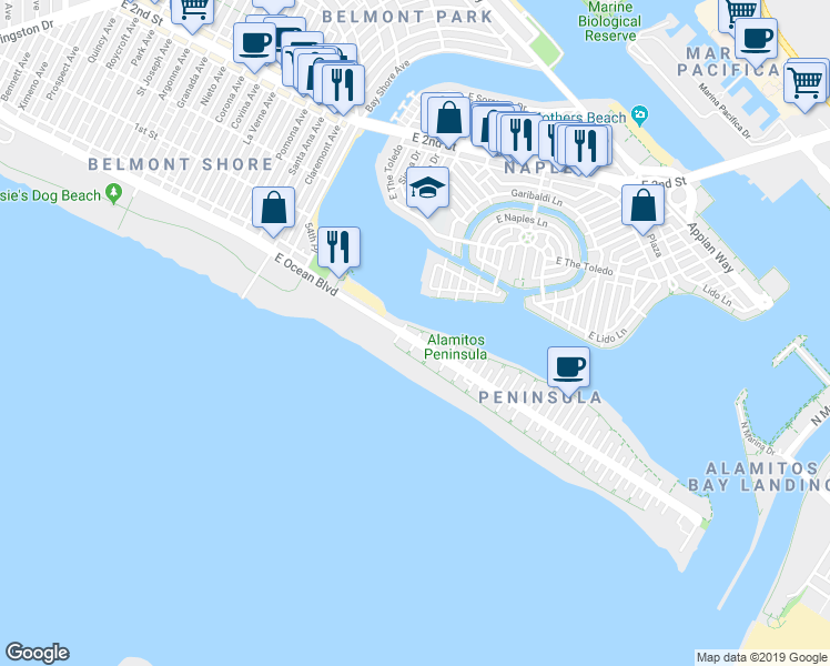 map of restaurants, bars, coffee shops, grocery stores, and more near 5517 East Ocean Boulevard in Long Beach