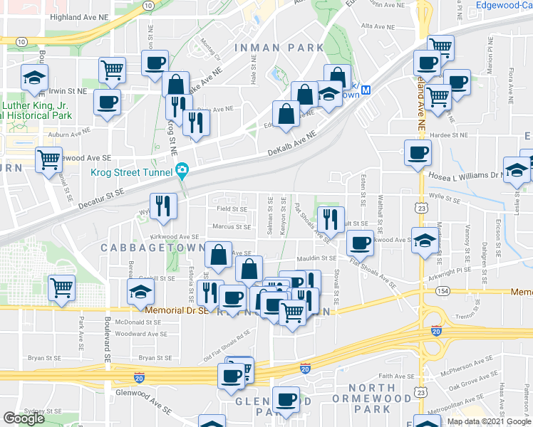 map of restaurants, bars, coffee shops, grocery stores, and more near 87 Selman Street Southeast in Atlanta