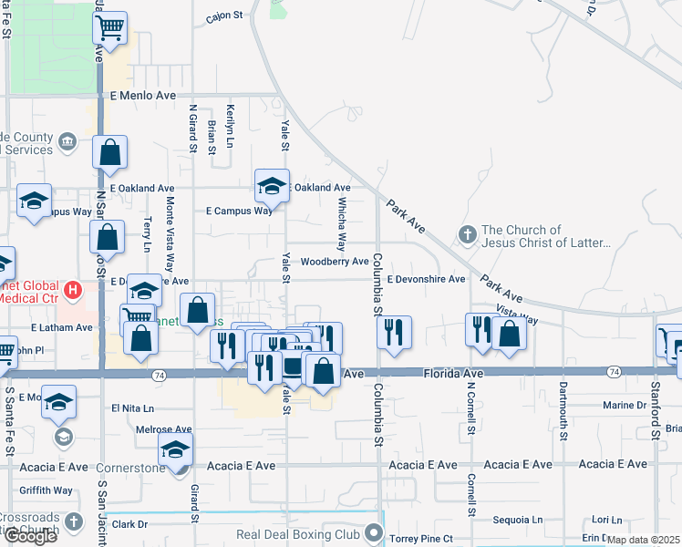 map of restaurants, bars, coffee shops, grocery stores, and more near 2330 East Devonshire Avenue in Hemet