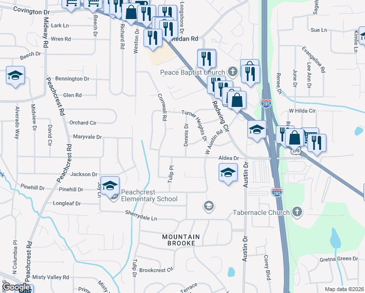 map of restaurants, bars, coffee shops, grocery stores, and more near 1421 Dennis Drive in Decatur