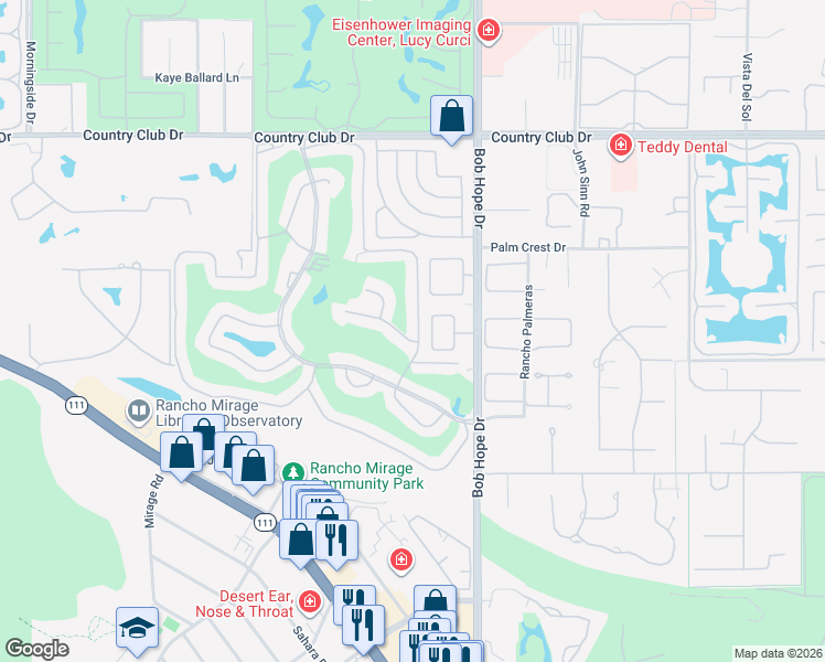 map of restaurants, bars, coffee shops, grocery stores, and more near 89 La Ronda Drive in Rancho Mirage