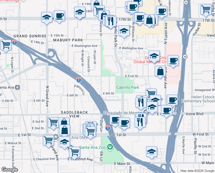 map of restaurants, bars, coffee shops, grocery stores, and more near 714 North Mantle Lane in Santa Ana