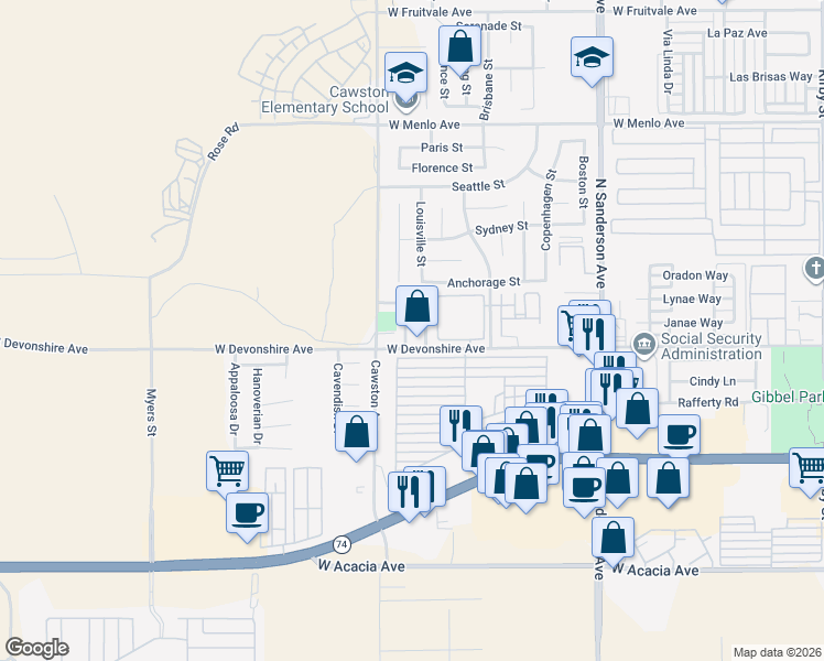 map of restaurants, bars, coffee shops, grocery stores, and more near 332 Via Capri in Hemet