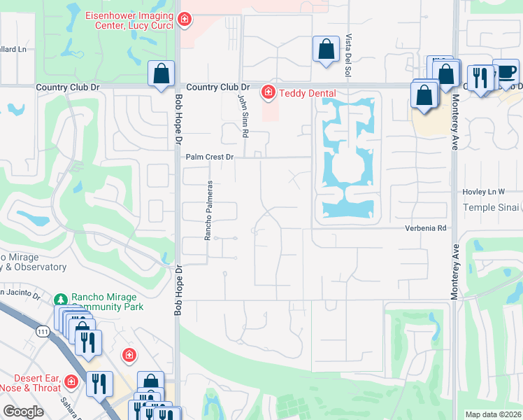 map of restaurants, bars, coffee shops, grocery stores, and more near 40435 Morningstar Road in Rancho Mirage