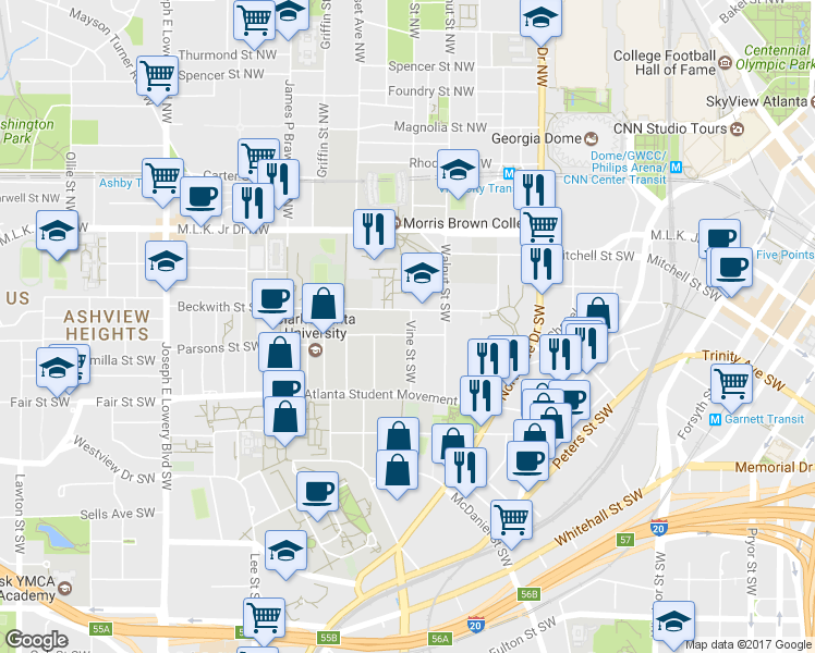 map of restaurants, bars, coffee shops, grocery stores, and more near 113a Vine Street Southwest in Atlanta
