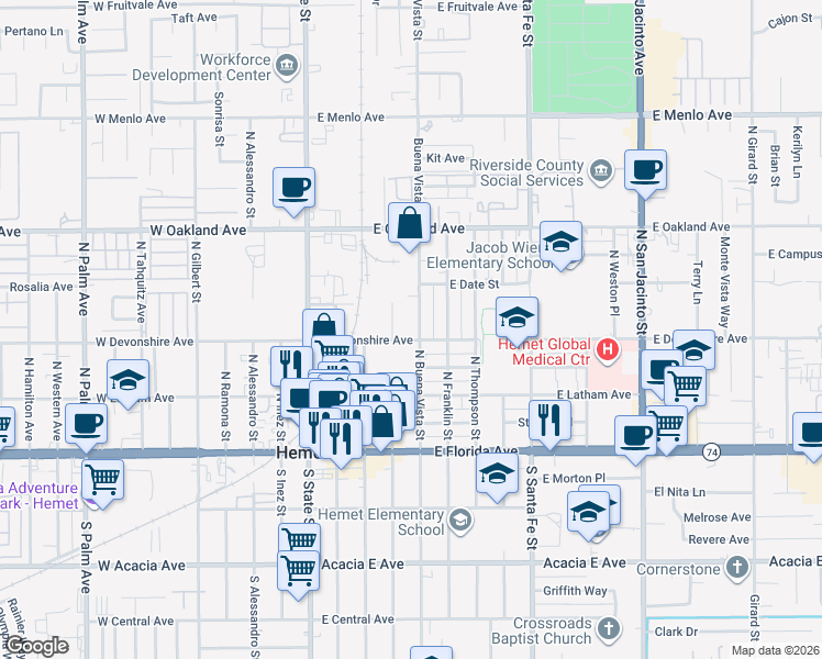 map of restaurants, bars, coffee shops, grocery stores, and more near 308 North Buena Vista Street in Hemet