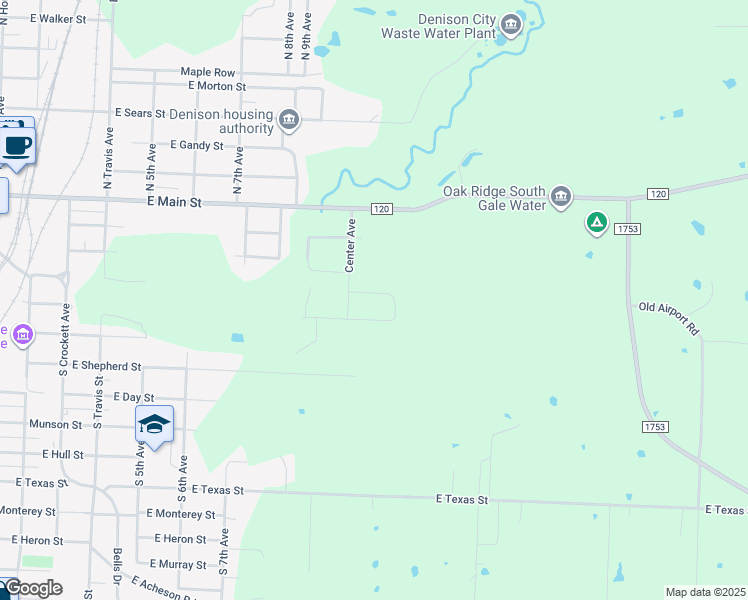 map of restaurants, bars, coffee shops, grocery stores, and more near 1058 East Morgan Street in Denison
