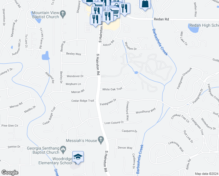 map of restaurants, bars, coffee shops, grocery stores, and more near 4746 White Oak Trail in Stone Mountain
