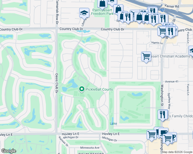 map of restaurants, bars, coffee shops, grocery stores, and more near 40922 Interlachen Lane in Palm Desert