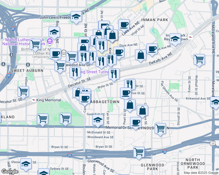 map of restaurants, bars, coffee shops, grocery stores, and more near 111 Short Street Southeast in Atlanta