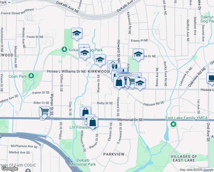 map of restaurants, bars, coffee shops, grocery stores, and more near 45 Doyle Street Southeast in Atlanta
