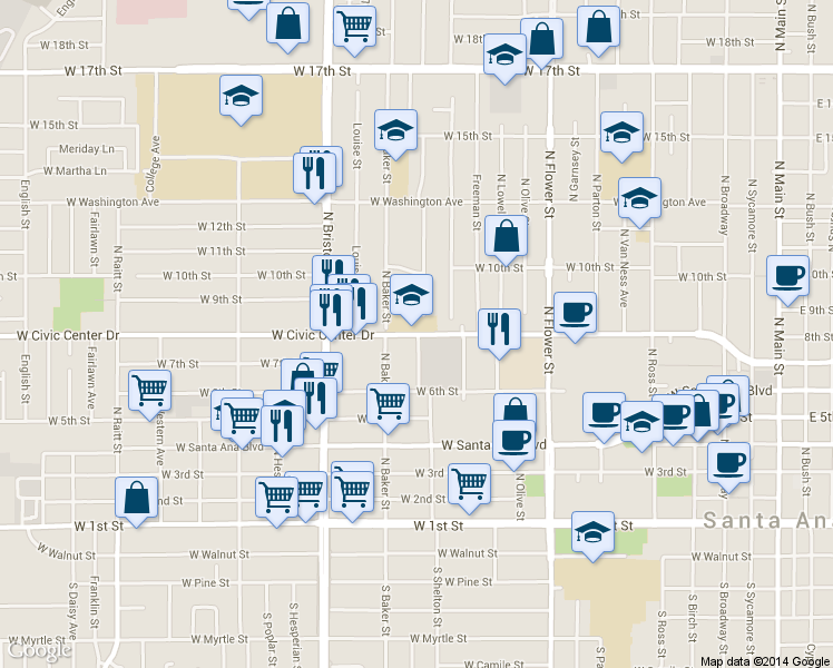 map of restaurants, bars, coffee shops, grocery stores, and more near 1146 West Civic Center Drive in Santa Ana