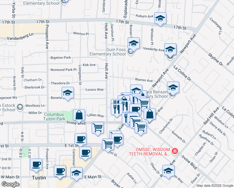 map of restaurants, bars, coffee shops, grocery stores, and more near 14587 Clarissa Lane in Tustin