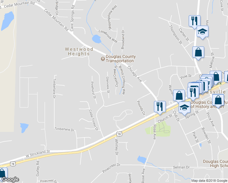map of restaurants, bars, coffee shops, grocery stores, and more near 7155 Crystal Creek Place in Douglasville