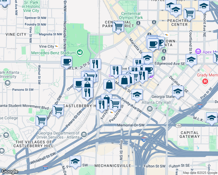 map of restaurants, bars, coffee shops, grocery stores, and more near 114-108 Ted Turner Drive Southwest in Atlanta