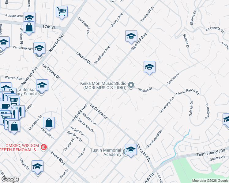 map of restaurants, bars, coffee shops, grocery stores, and more near 1596 Skyline Drive in Santa Ana
