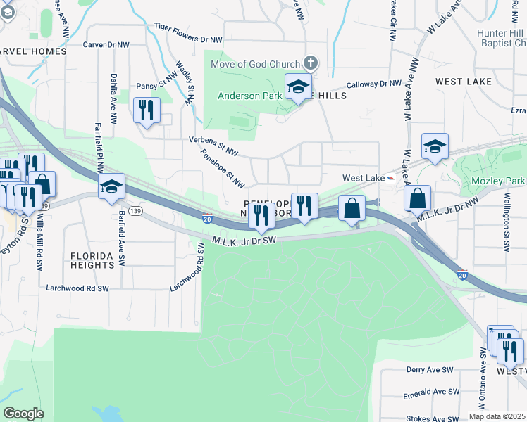 map of restaurants, bars, coffee shops, grocery stores, and more near 168 Howard Street Northwest in Atlanta