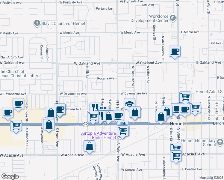 map of restaurants, bars, coffee shops, grocery stores, and more near 1018 West Devonshire Avenue in Hemet