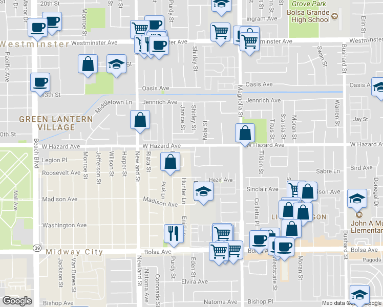 map of restaurants, bars, coffee shops, grocery stores, and more near 14541 Colonial Drive in Westminster