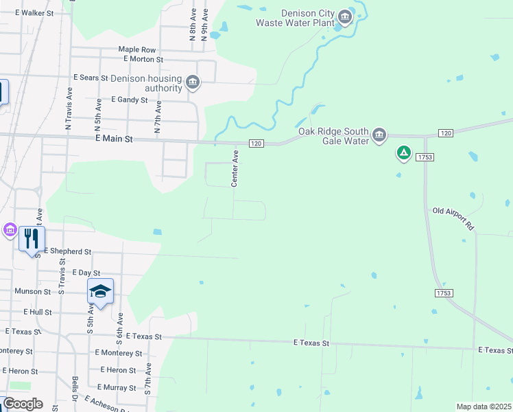 map of restaurants, bars, coffee shops, grocery stores, and more near 1058 East Morgan Street in Denison