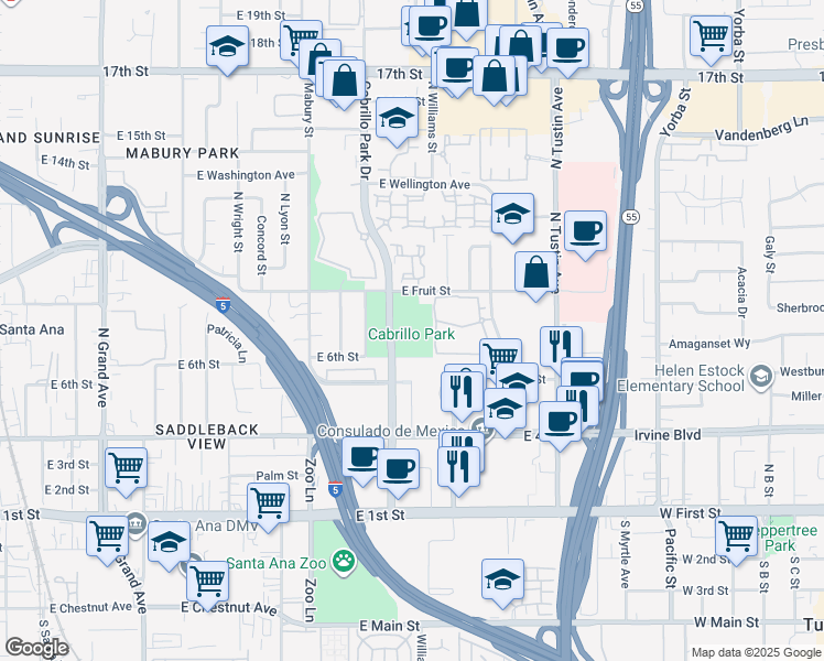 map of restaurants, bars, coffee shops, grocery stores, and more near 1044 Cabrillo Park Drive in Santa Ana