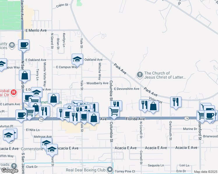 map of restaurants, bars, coffee shops, grocery stores, and more near 2486 East Devonshire Avenue in Hemet