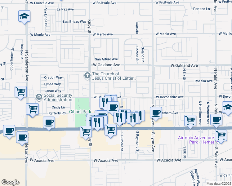 map of restaurants, bars, coffee shops, grocery stores, and more near 328 Avenue Miravella in Hemet