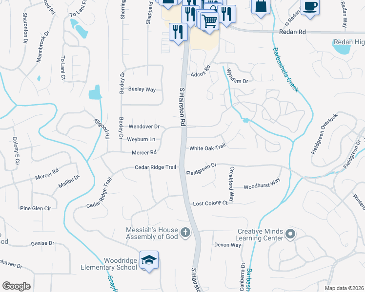 map of restaurants, bars, coffee shops, grocery stores, and more near South Hairston Road in DeKalb County