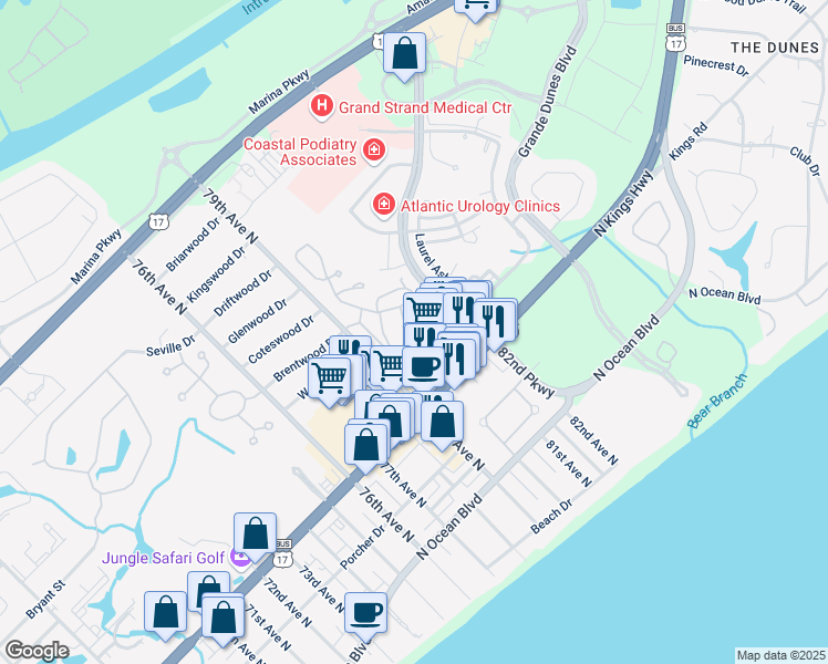 map of restaurants, bars, coffee shops, grocery stores, and more near 11 Valencia Circle in Myrtle Beach