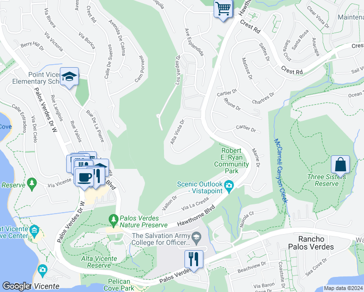 map of restaurants, bars, coffee shops, grocery stores, and more near 6888 Alta Vista Drive in Rancho Palos Verdes
