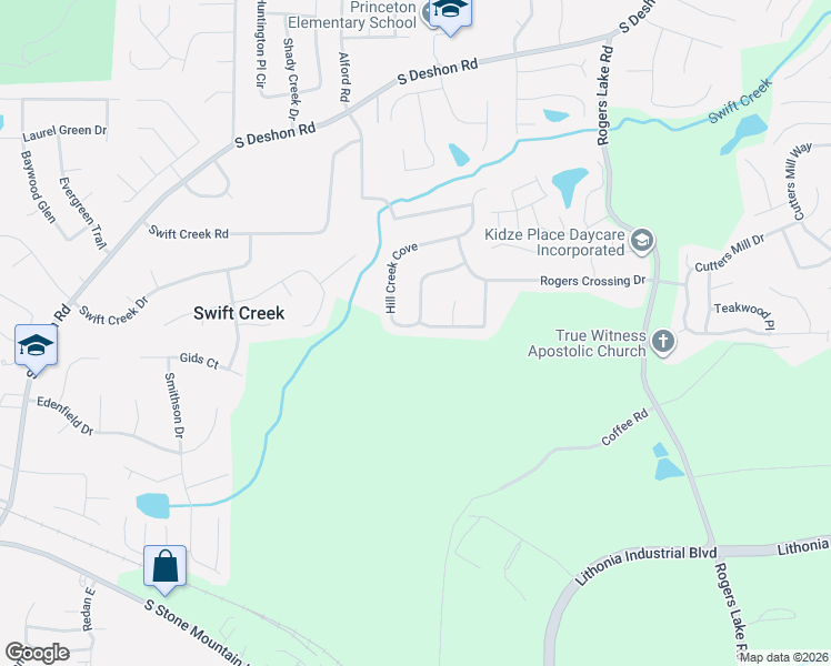 map of restaurants, bars, coffee shops, grocery stores, and more near 6807 Hill Creek Cove in Lithonia