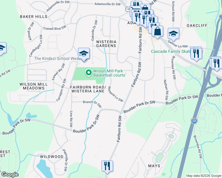 map of restaurants, bars, coffee shops, grocery stores, and more near 3759 Wisteria Lane Southwest in Atlanta
