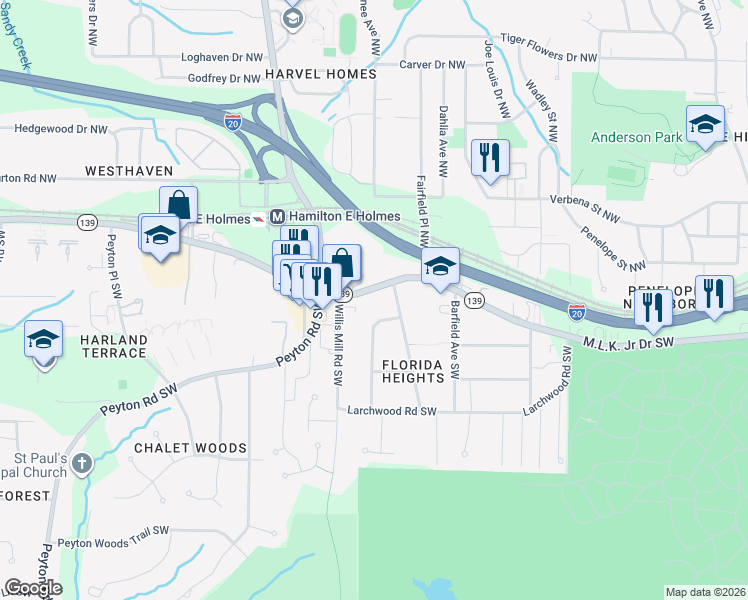 map of restaurants, bars, coffee shops, grocery stores, and more near 2300 Martin Luther King Junior Drive Southwest in Atlanta