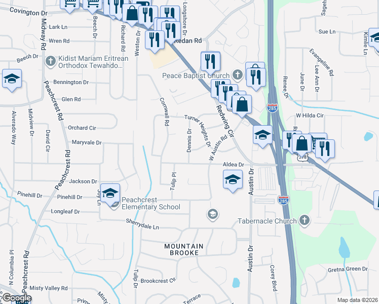 map of restaurants, bars, coffee shops, grocery stores, and more near 1421 Dennis Drive in Decatur