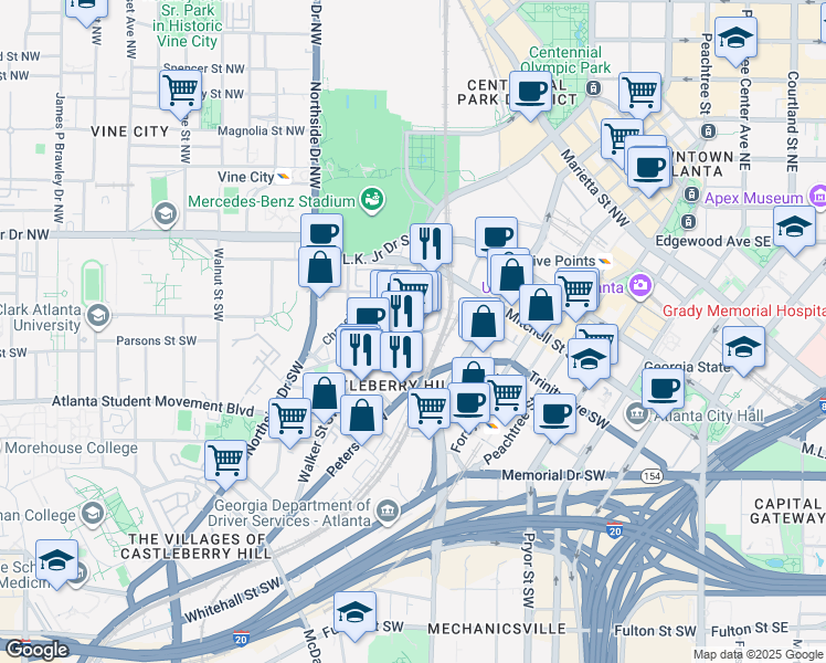 map of restaurants, bars, coffee shops, grocery stores, and more near 339 Nelson Street Southwest in Atlanta