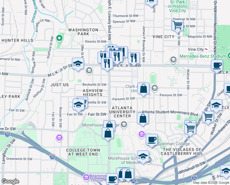 map of restaurants, bars, coffee shops, grocery stores, and more near 111 Ozone Street Southwest in Atlanta