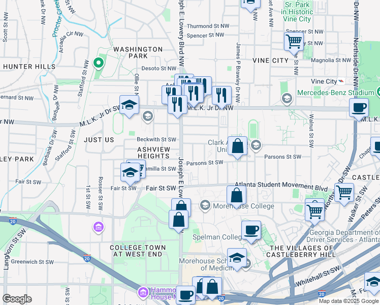 map of restaurants, bars, coffee shops, grocery stores, and more near 111 Ozone Street Southwest in Atlanta