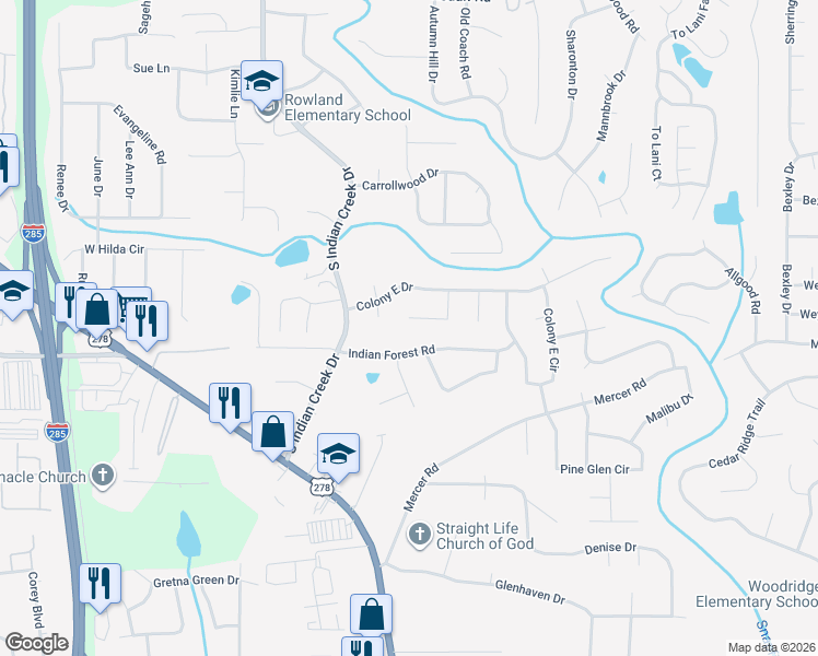 map of restaurants, bars, coffee shops, grocery stores, and more near 1446 Colony Hill Ct in Stone Mountain