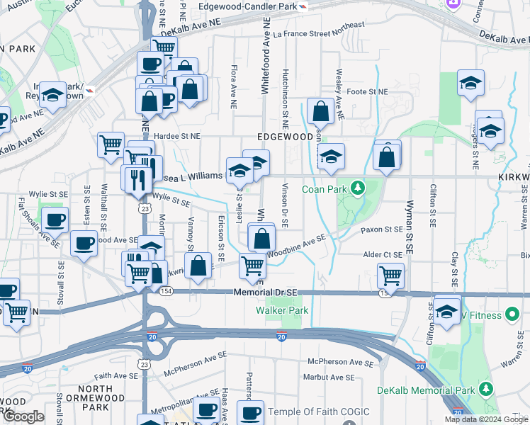 map of restaurants, bars, coffee shops, grocery stores, and more near 70 Whitefoord Avenue Southeast in Atlanta