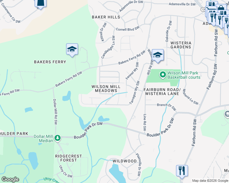 map of restaurants, bars, coffee shops, grocery stores, and more near 602 Alex Drive Southwest in Atlanta