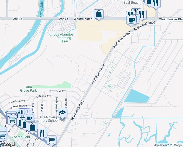 map of restaurants, bars, coffee shops, grocery stores, and more near 958 Heron Circle in Seal Beach