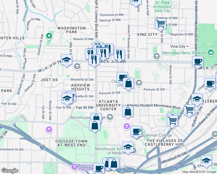 map of restaurants, bars, coffee shops, grocery stores, and more near 117 Bonair Street Southwest in Atlanta