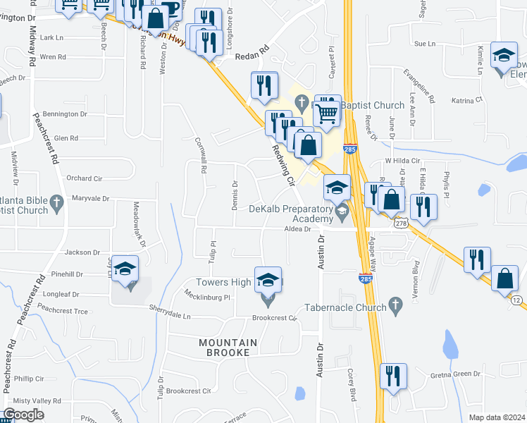 map of restaurants, bars, coffee shops, grocery stores, and more near 3761 Turner Heights Drive in Decatur