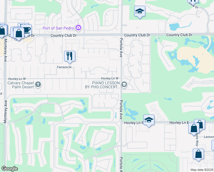 map of restaurants, bars, coffee shops, grocery stores, and more near 165 Wimbledon Court in Palm Desert