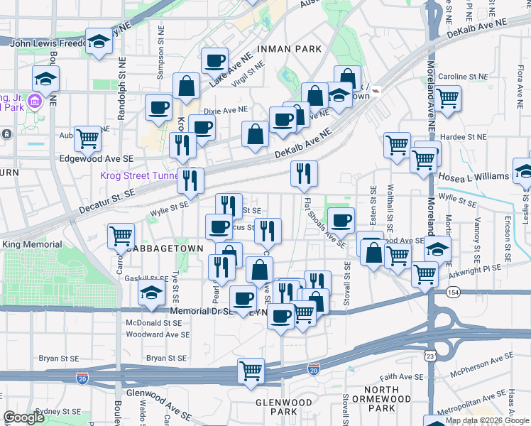 map of restaurants, bars, coffee shops, grocery stores, and more near 87 Selman Street Southeast in Atlanta