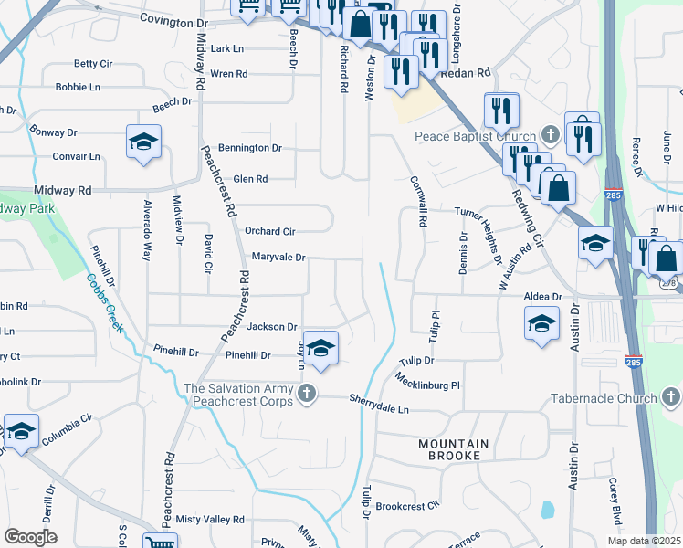map of restaurants, bars, coffee shops, grocery stores, and more near 1420 Meadowlark Drive in Decatur